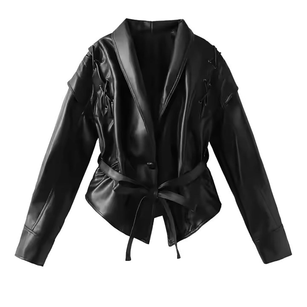 Womens Black Real Leather Jacket With One Button and Belted Waist Jacket Stores