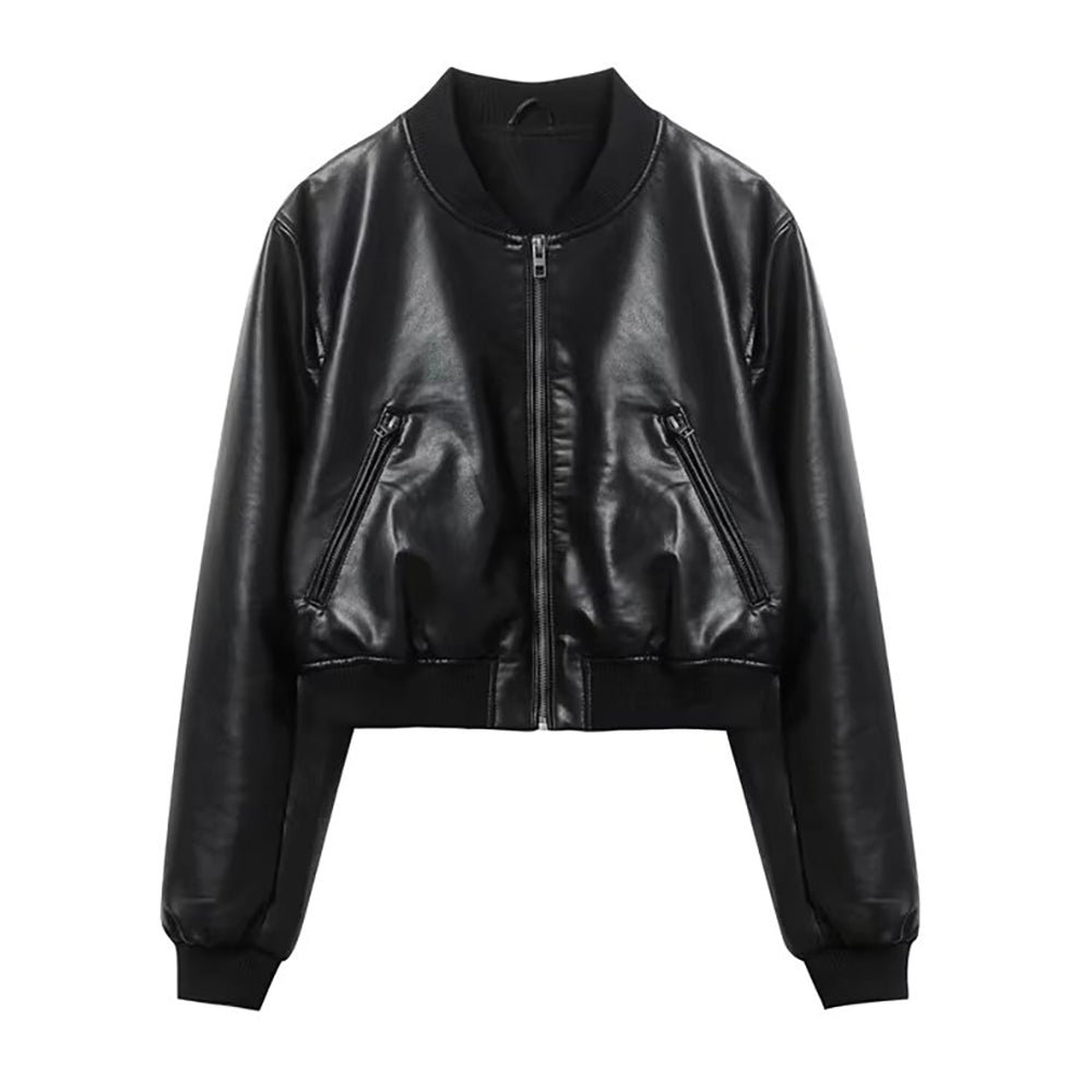Womens Black Real Leather Bomber Jacket Stand Collar Jacket Stores
