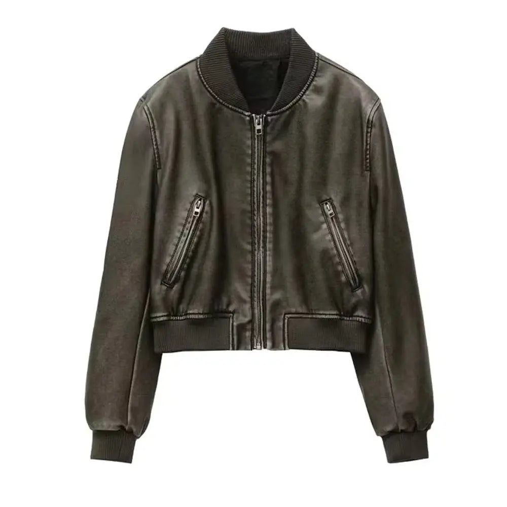 Womens Lambskin Leather Bomber Jacket Stand Collar Jacket Stores