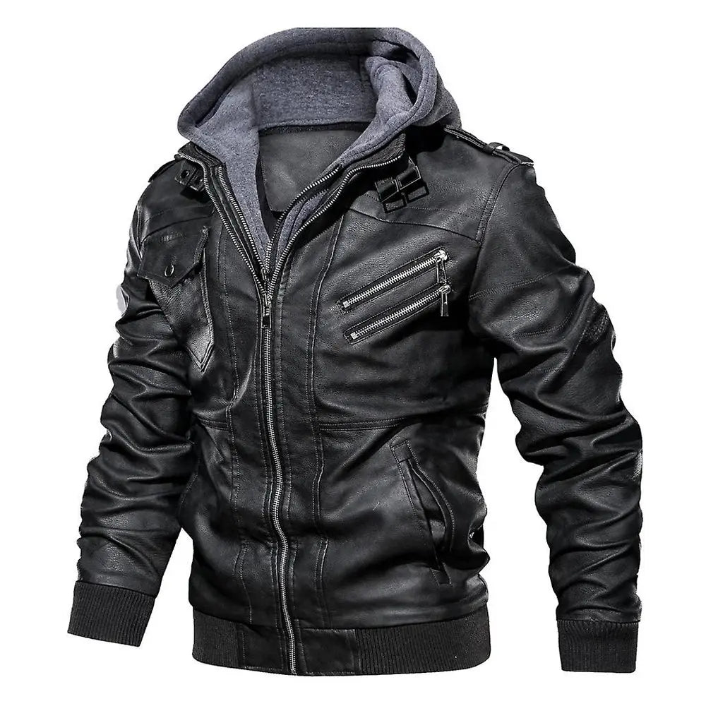 Men Leather Bomber Jacket with Removable Hood Jacket Stores