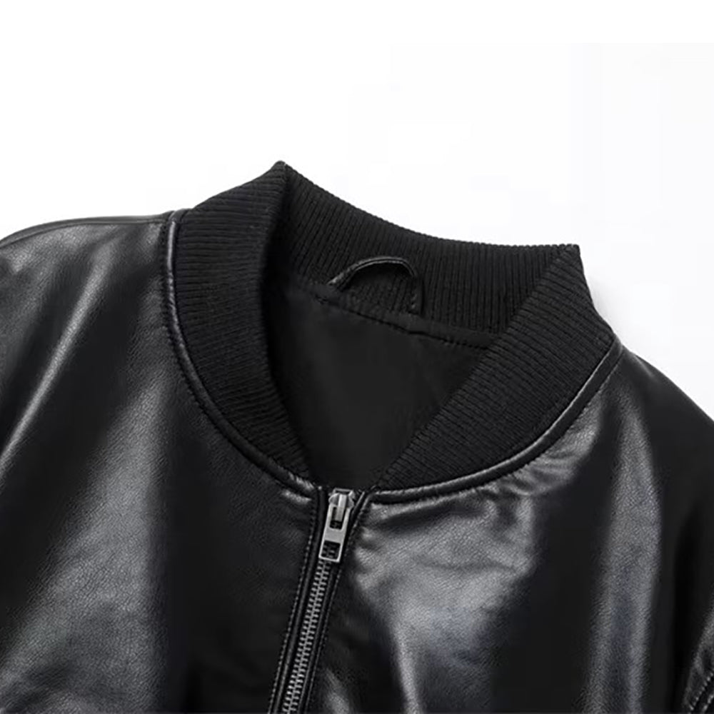 Womens Black Real Leather Bomber Jacket Stand Collar Jacket Stores