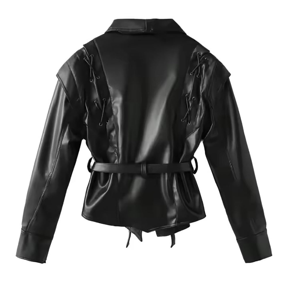Womens Black Real Leather Jacket With One Button and Belted Waist Jacket Stores