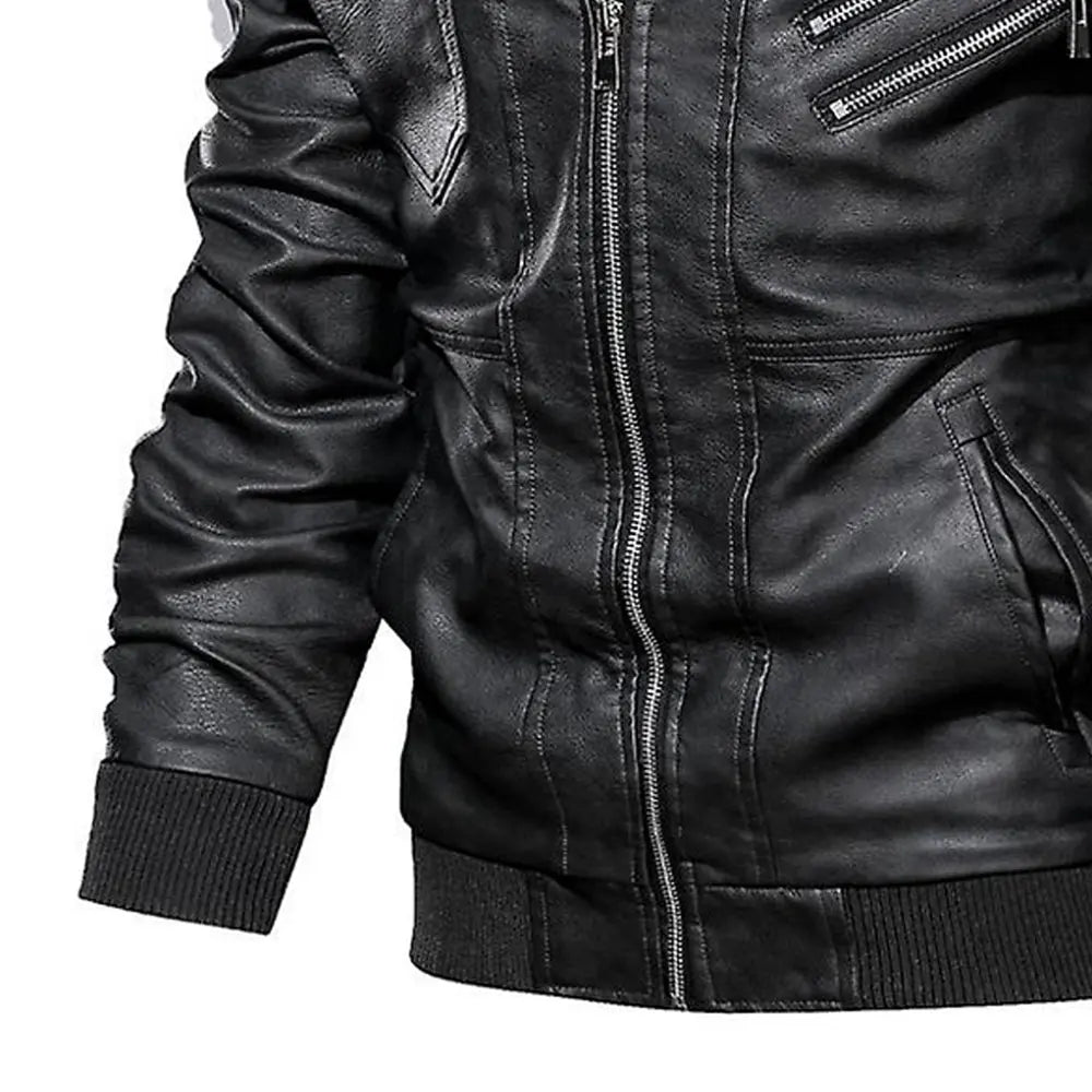 Men Leather Bomber Jacket with Removable Hood Jacket Stores