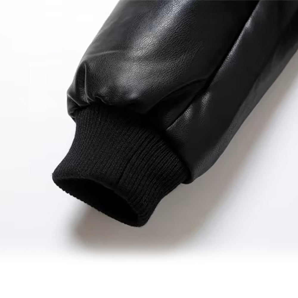 Womens Black Real Leather Bomber Jacket Stand Collar Jacket Stores