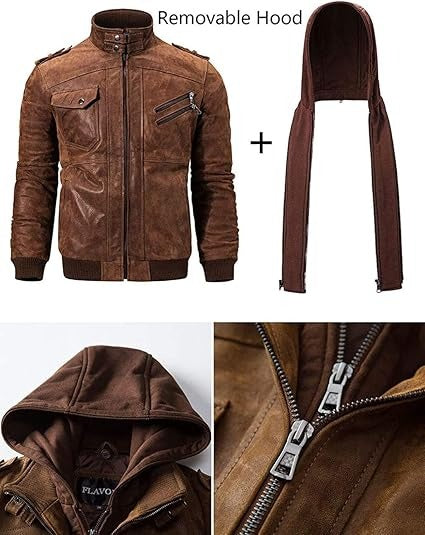 Men’s Brown Real Lambskin Leather Motorcycle Jacket with Removable Hood Jacket Stores