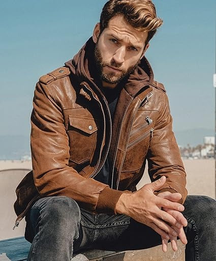 Men’s Brown Real Lambskin Leather Motorcycle Jacket with Removable Hood Jacket Stores
