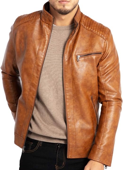 Men’s Brown Lambskin Leather Jacket with Stand Collar Jacket Stores