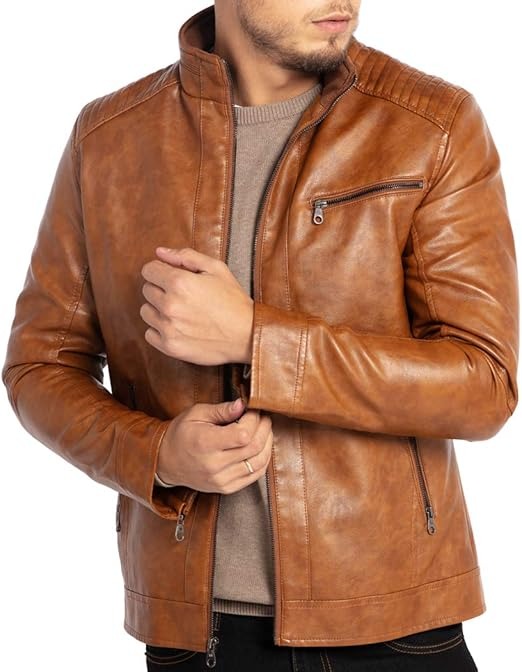 Men’s Brown Lambskin Leather Jacket with Stand Collar Jacket Stores