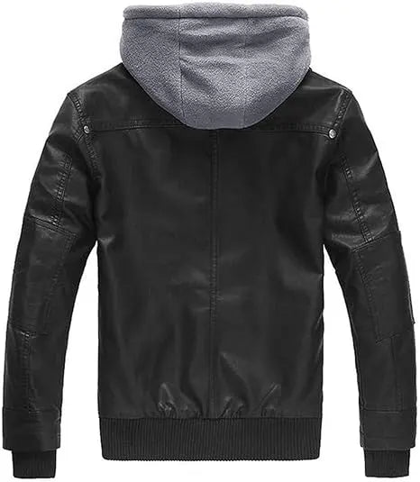Men’s Black Leather Bomber Jacket with Removable Hood Jacket Stores
