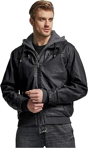 Men’s Black Leather Bomber Jacket with Removable Hood Jacket Stores