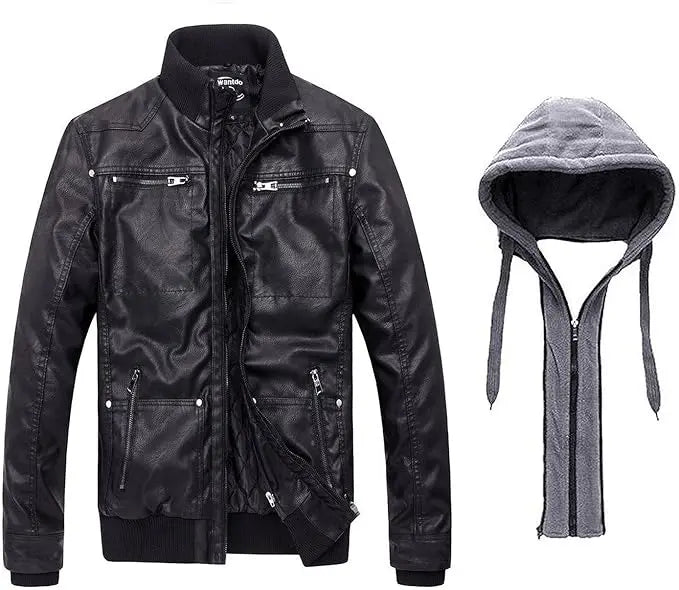 Men’s Black Leather Bomber Jacket with Removable Hood Jacket Stores
