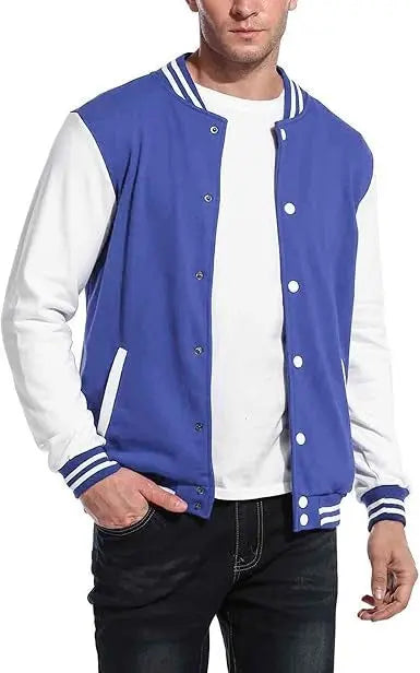 Men’s Blue and White Varsity Letterman Jacket – Classic Baseball Bomber Style Jacket Stores