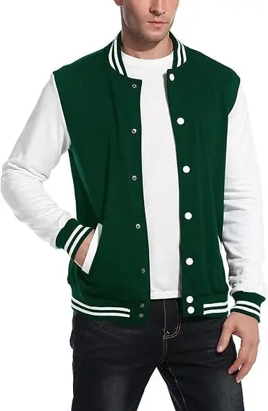 Men’s Green and White Varsity Letterman Jacket – Classic Baseball Bomber Style Jacket Stores