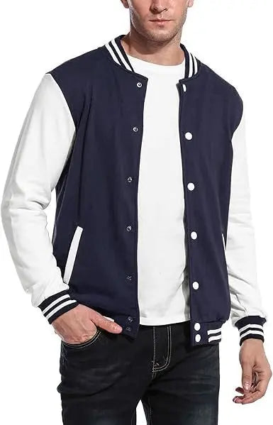 Men’s Navy blue and White Varsity Letterman Jacket – Classic Baseball Bomber Style Jacket Stores