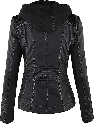 Women’s Real Lambskin Leather Moto Biker Jacket with Removable Hood My Store