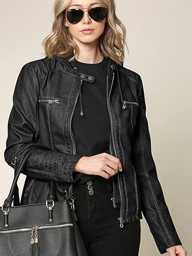 Women’s Real Lambskin Leather Moto Biker Jacket with Removable Hood My Store