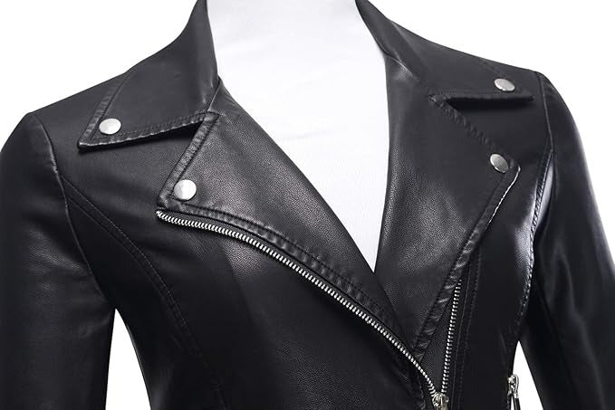 Women’s Black Leather Moto Biker Jacket – Slim Fit Classic Style My Store
