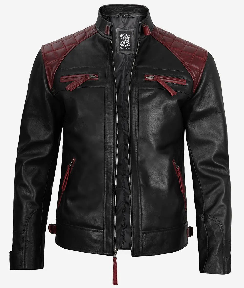 Men's cafe racer black and maroon quilted leather jacket Jacket Stores