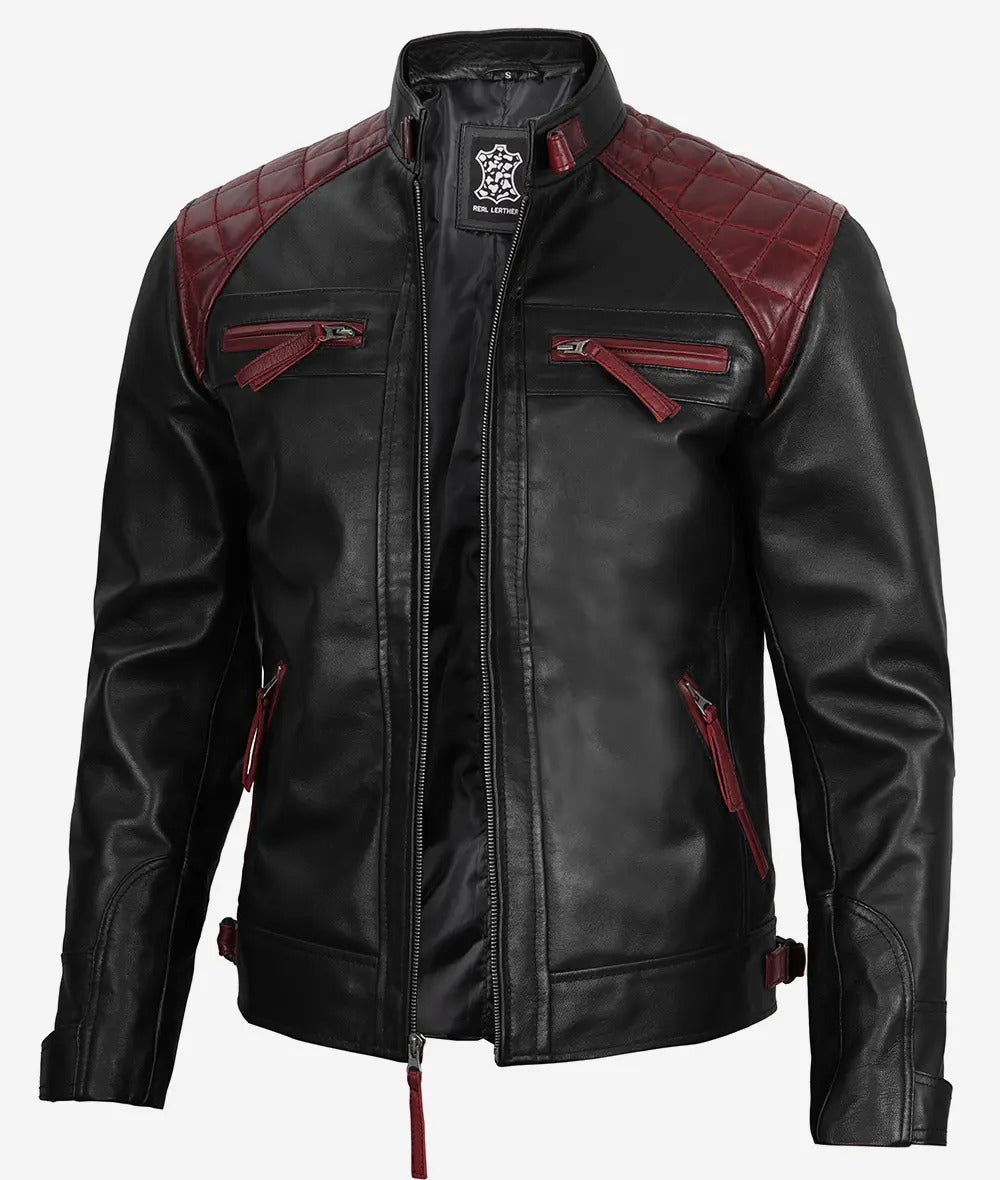 Men's cafe racer black and maroon quilted leather jacket Jacket Stores