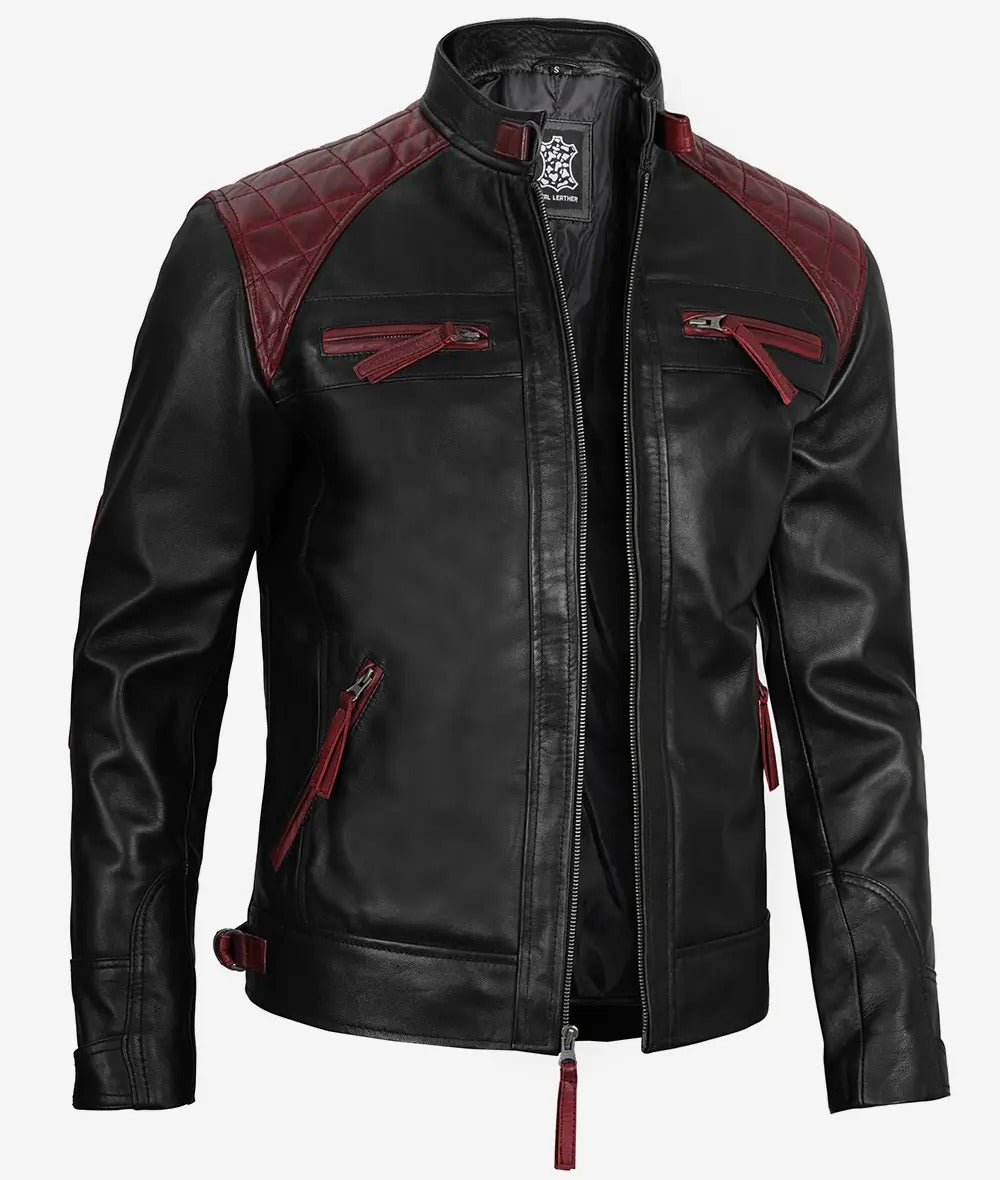 Men's cafe racer black and maroon quilted leather jacket Jacket Stores