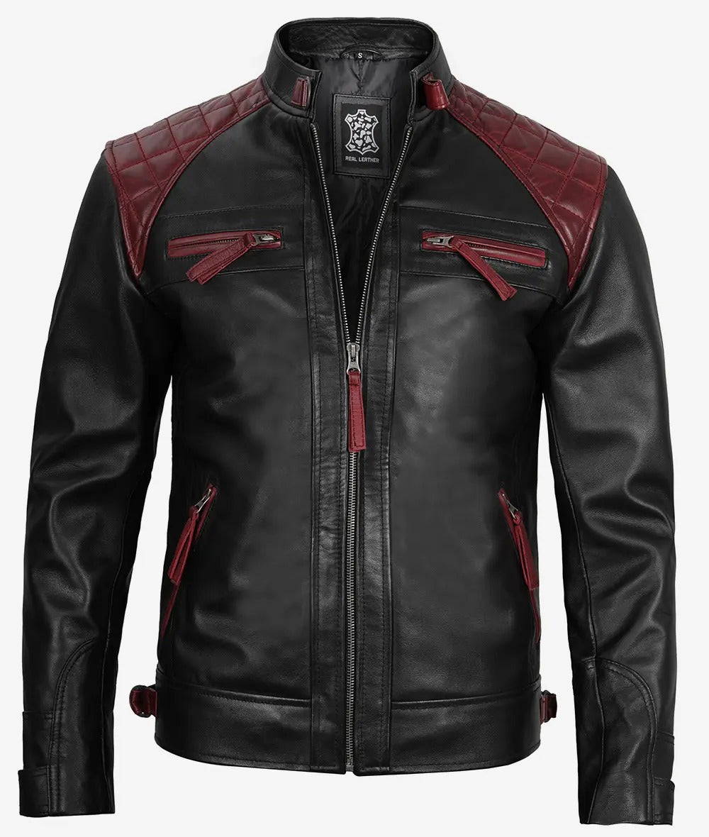 Men's cafe racer black and maroon quilted leather jacket Jacket Stores