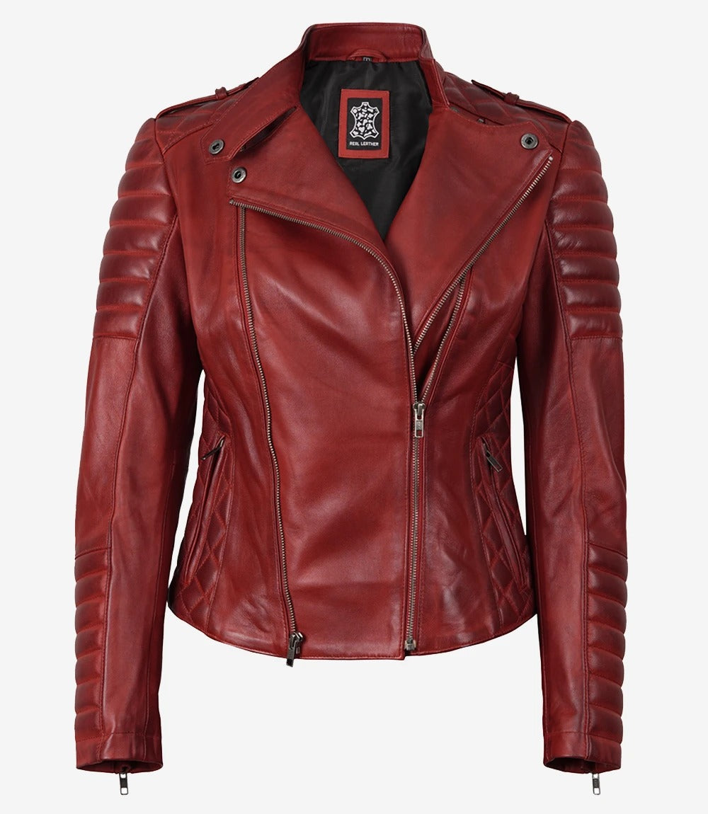 Women's Red with Asymmetrical Zip Closure Leather Jacket Jacket Stores