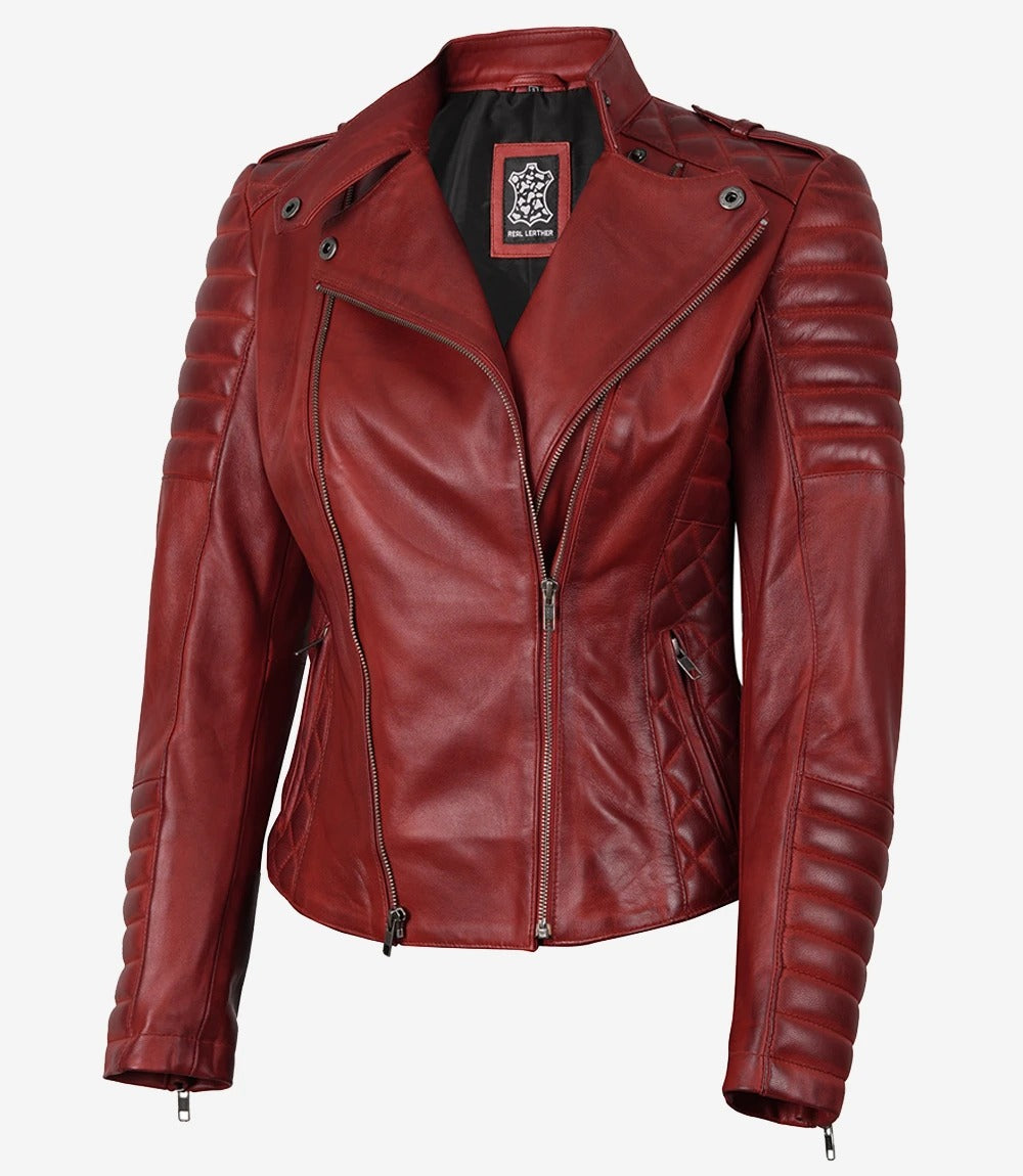 Women's Red with Asymmetrical Zip Closure Leather Jacket Jacket Stores