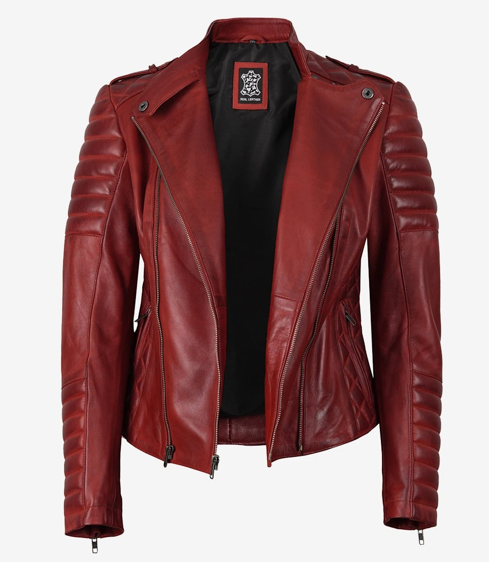 Women's Red with Asymmetrical Zip Closure Leather Jacket Jacket Stores