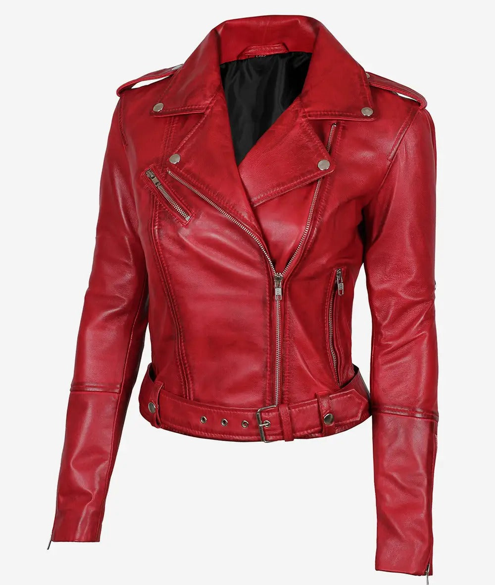 Women's asymmetrical leather red biker jacket Jacket Stores