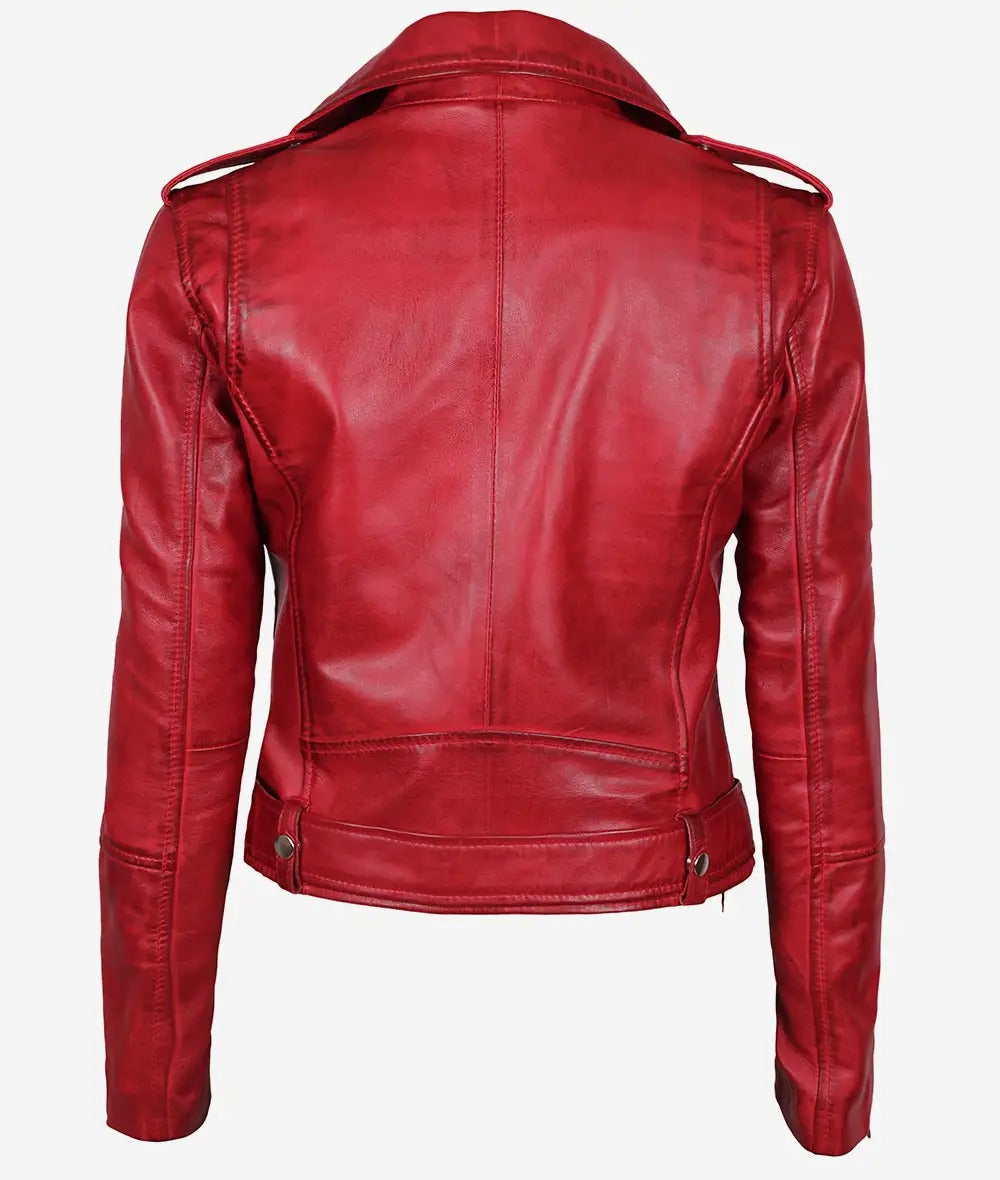 Women's asymmetrical leather red biker jacket Jacket Stores