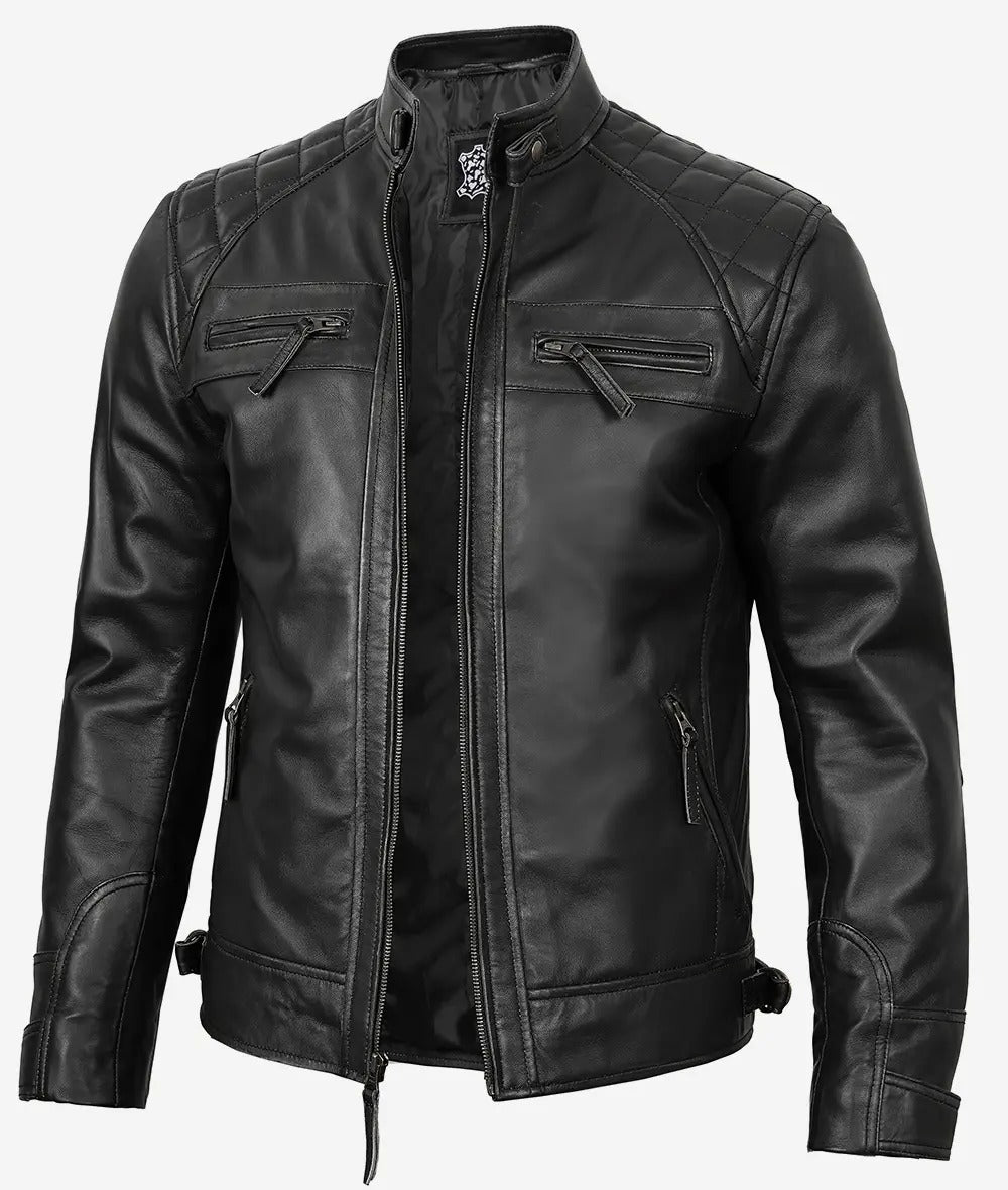 mens black biker distressed quilted leather jacked Jacket Stores