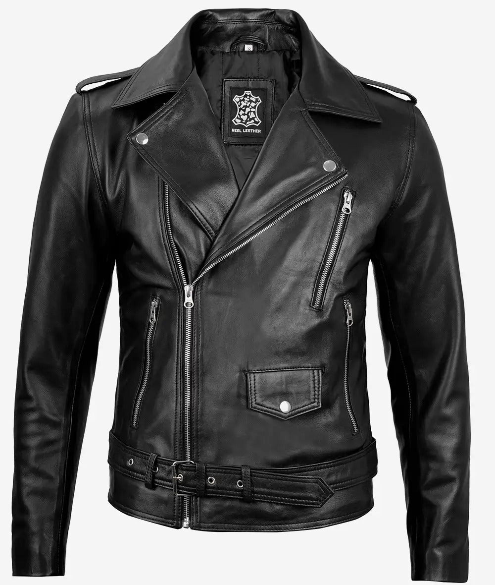 negan black moto leather asymmetrical belted jacket Jacket Stores
