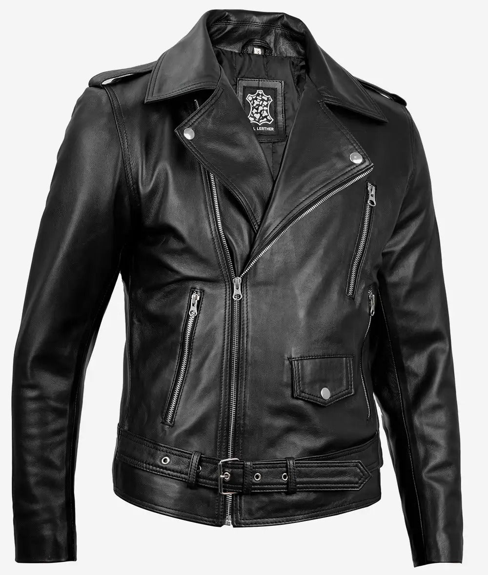 negan black moto leather asymmetrical belted jacket Jacket Stores
