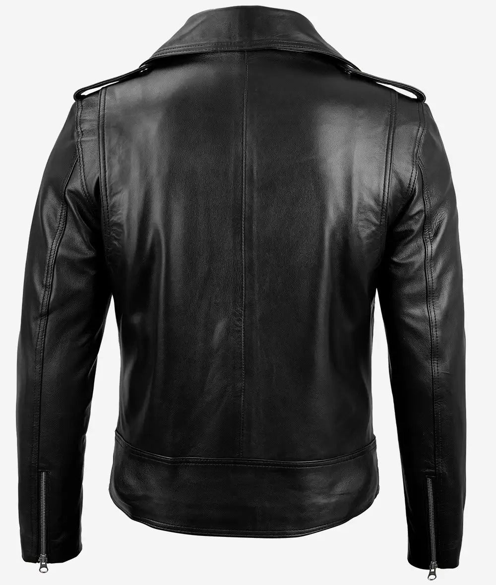 negan black moto leather asymmetrical belted jacket Jacket Stores