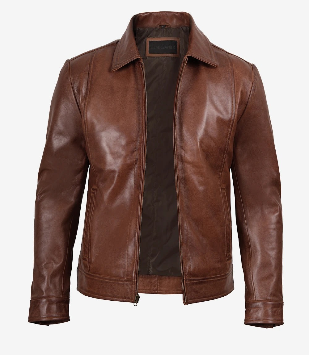 brown Mens vintage shirt collar  leather jacket Jacket Stores