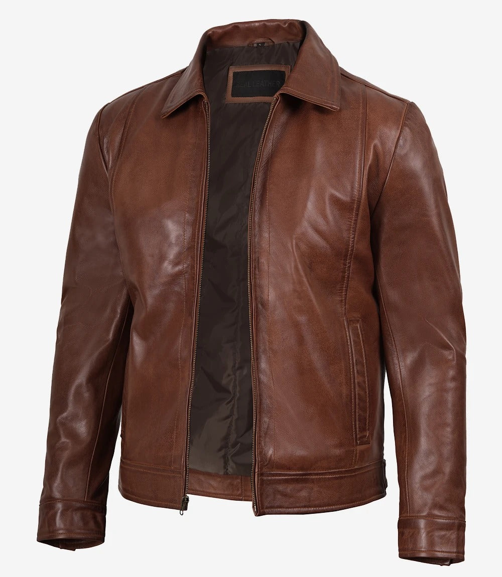 brown Mens vintage shirt collar  leather jacket Jacket Stores