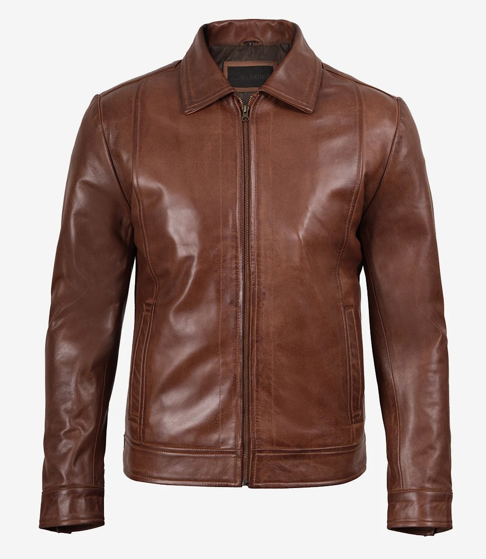 brown Mens vintage shirt collar  leather jacket Jacket Stores
