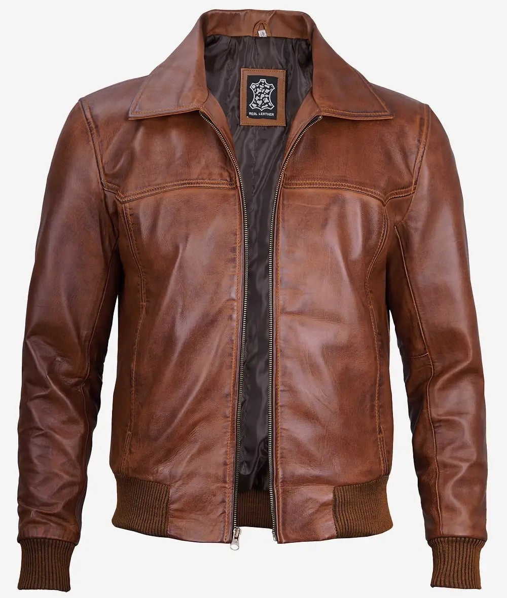 Brown Men's Shirt Collar Bomber leather Jacket Jacket Stores
