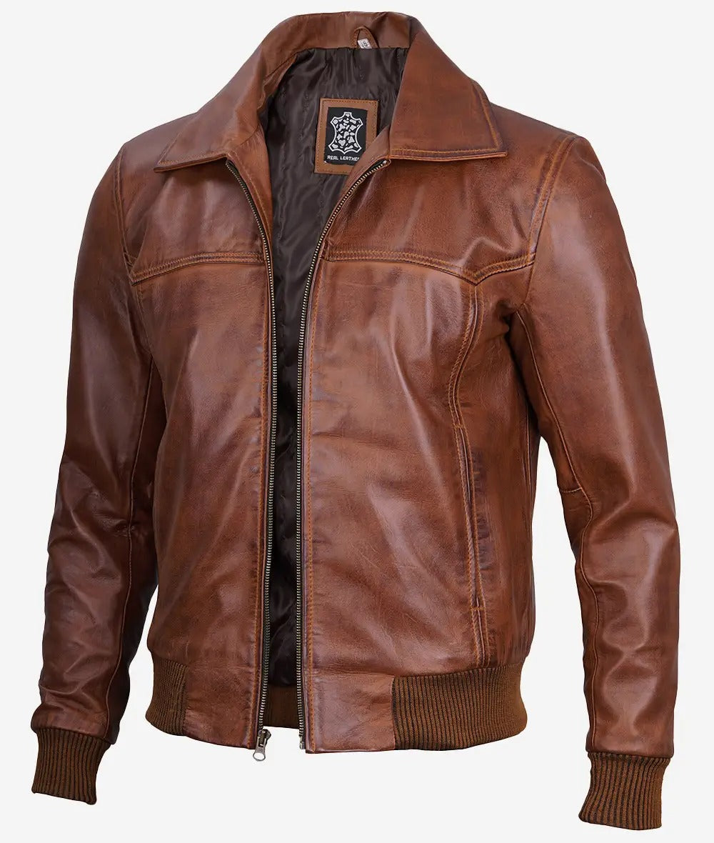 Brown Men's Shirt Collar Bomber leather Jacket Jacket Stores