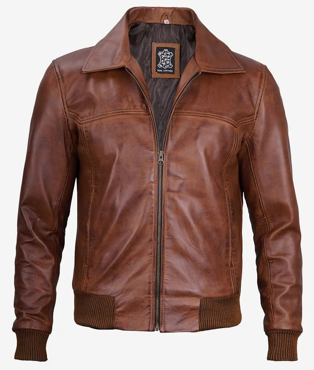 Brown Men's Shirt Collar Bomber leather Jacket Jacket Stores