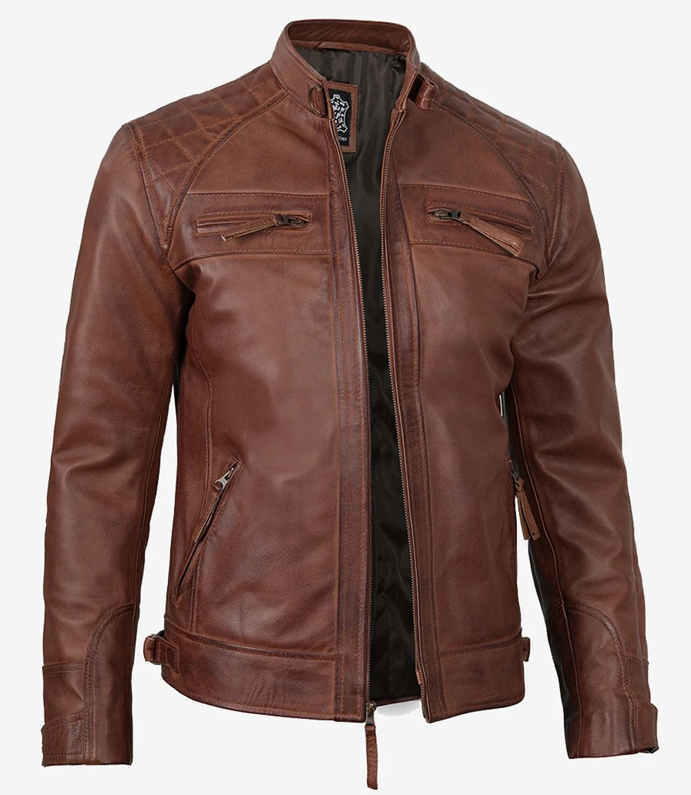 mens biker brown distressed quilted leather jacked Jacket Stores