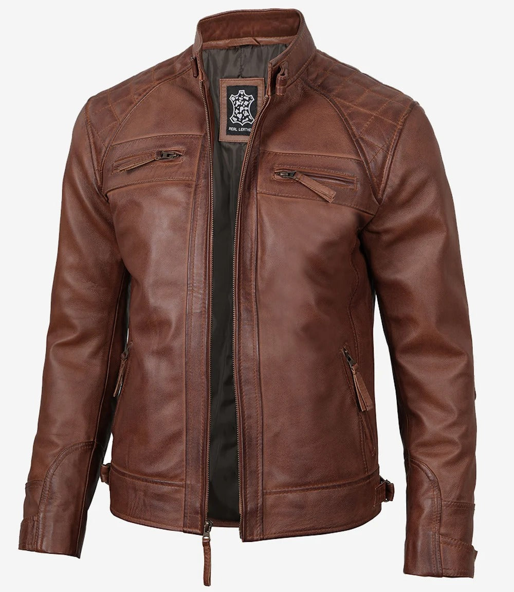 mens biker brown distressed quilted leather jacked Jacket Stores