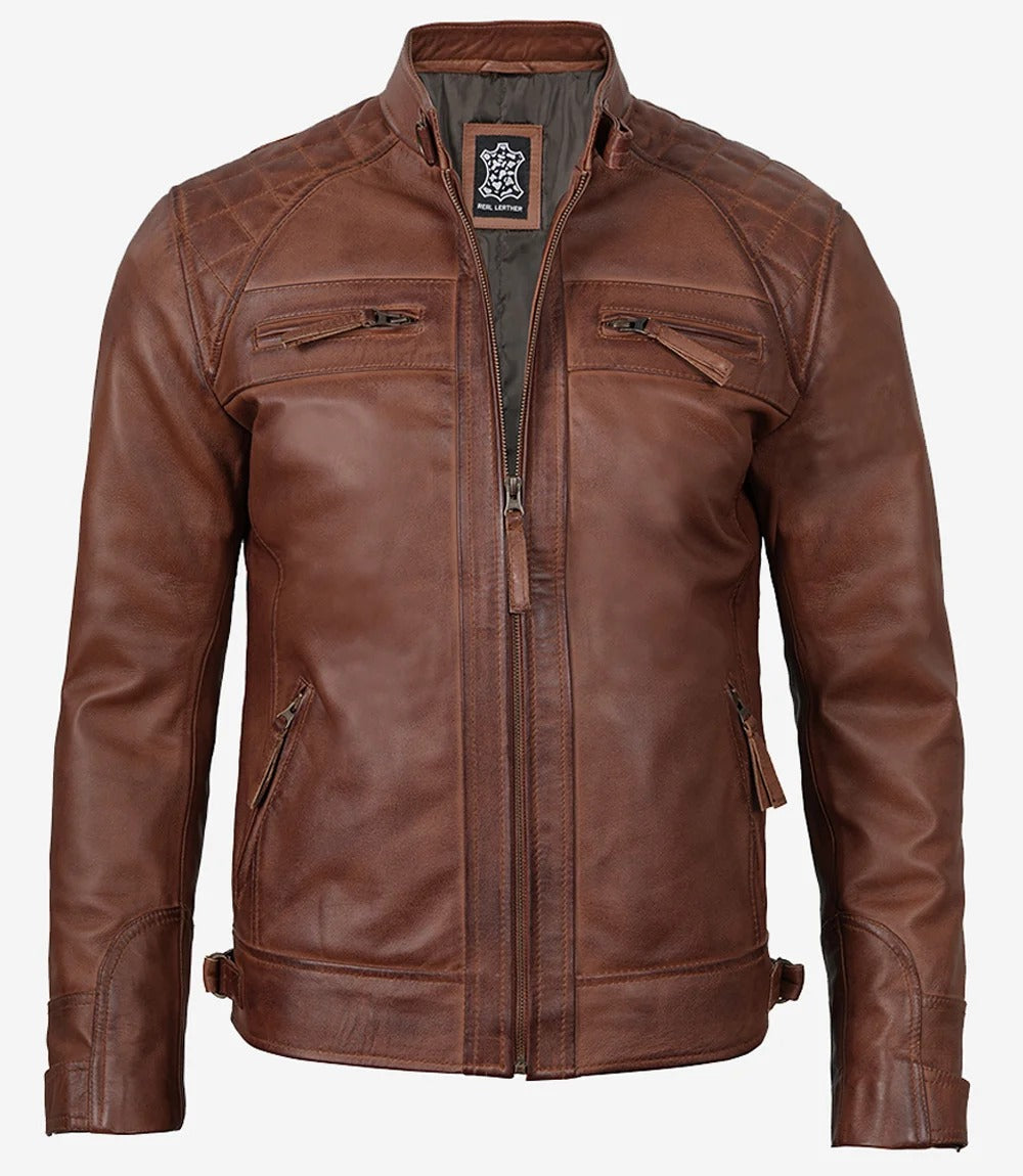 mens biker brown distressed quilted leather jacked Jacket Stores