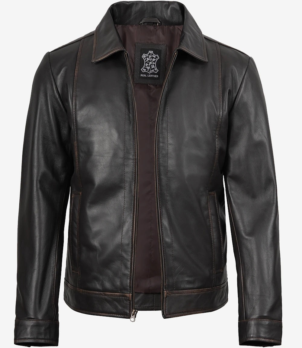 Mens black vintage shirt collar leather jacket Jacket Stores