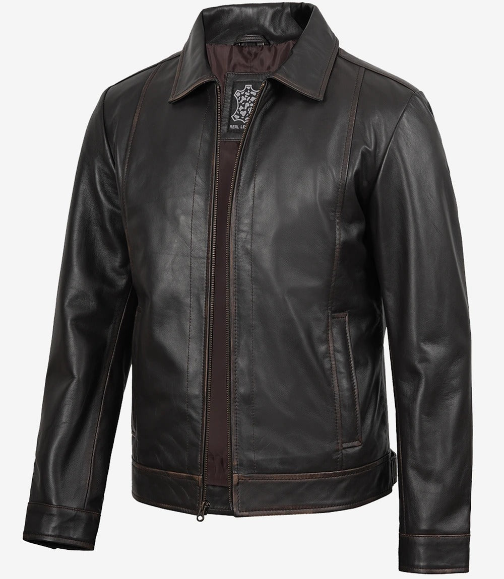 Mens black vintage shirt collar leather jacket Jacket Stores