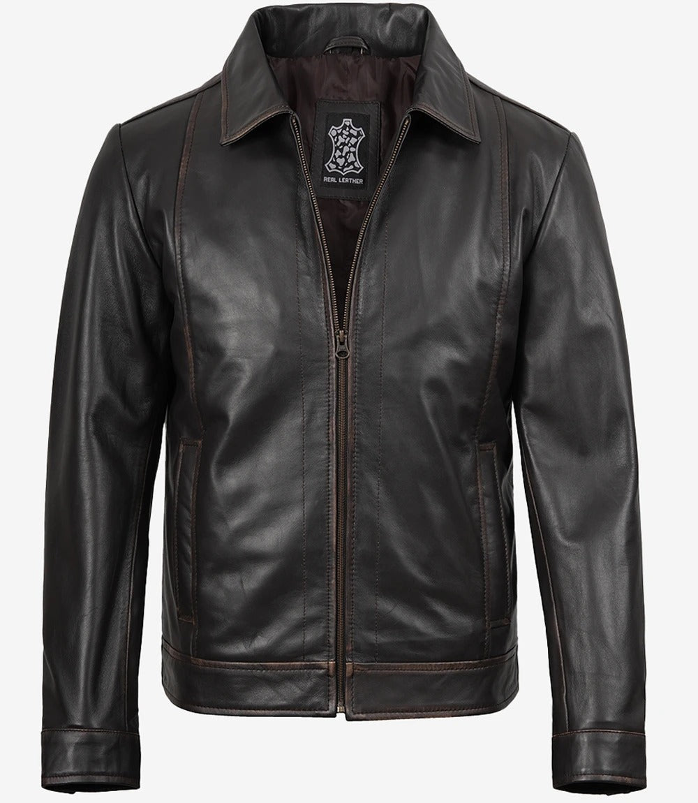 Mens black vintage shirt collar leather jacket Jacket Stores