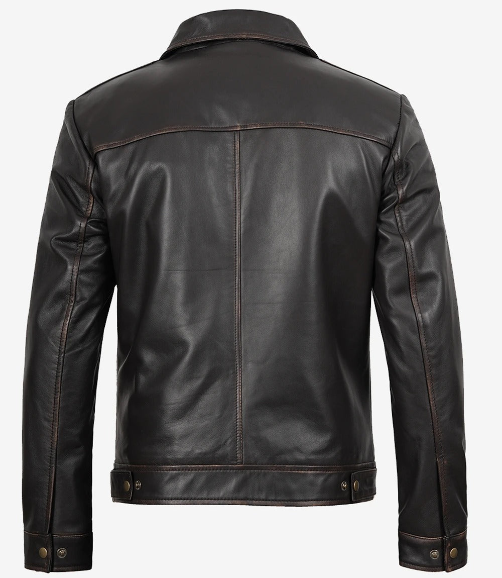 Mens black vintage shirt collar leather jacket Jacket Stores