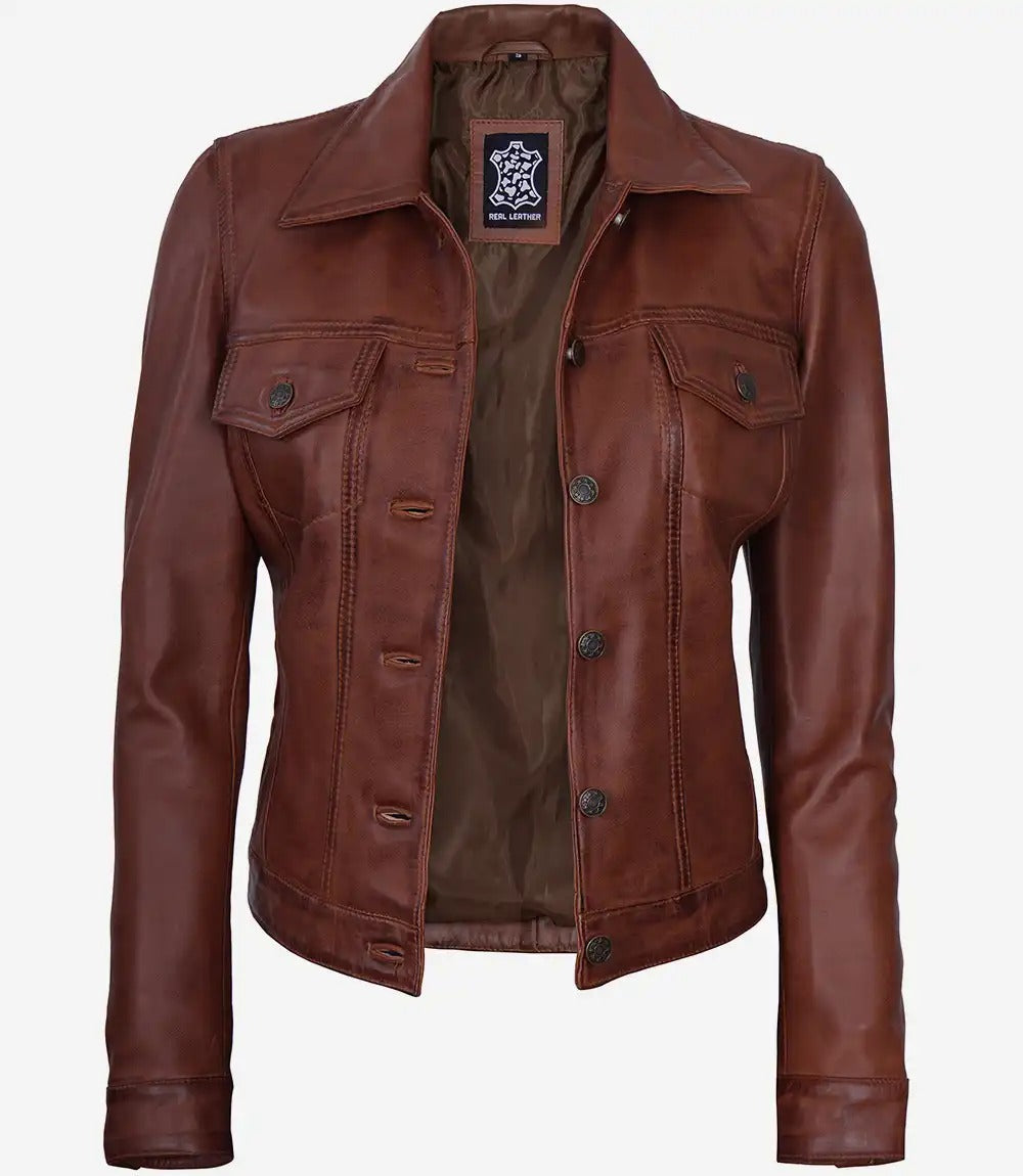 Womens  shirt collar brown Trucker Leather Jacket Jacket Stores