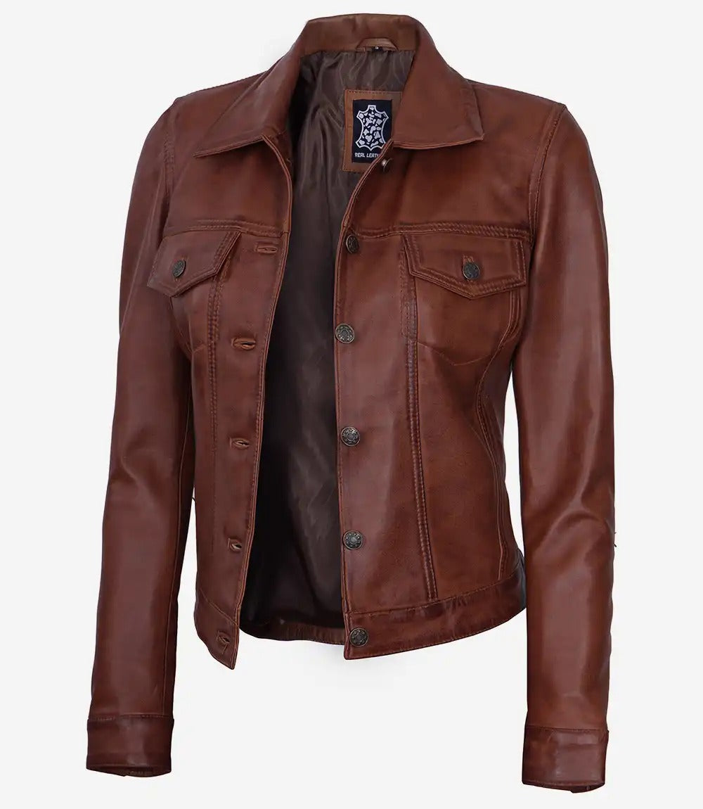 Womens  shirt collar brown Trucker Leather Jacket Jacket Stores