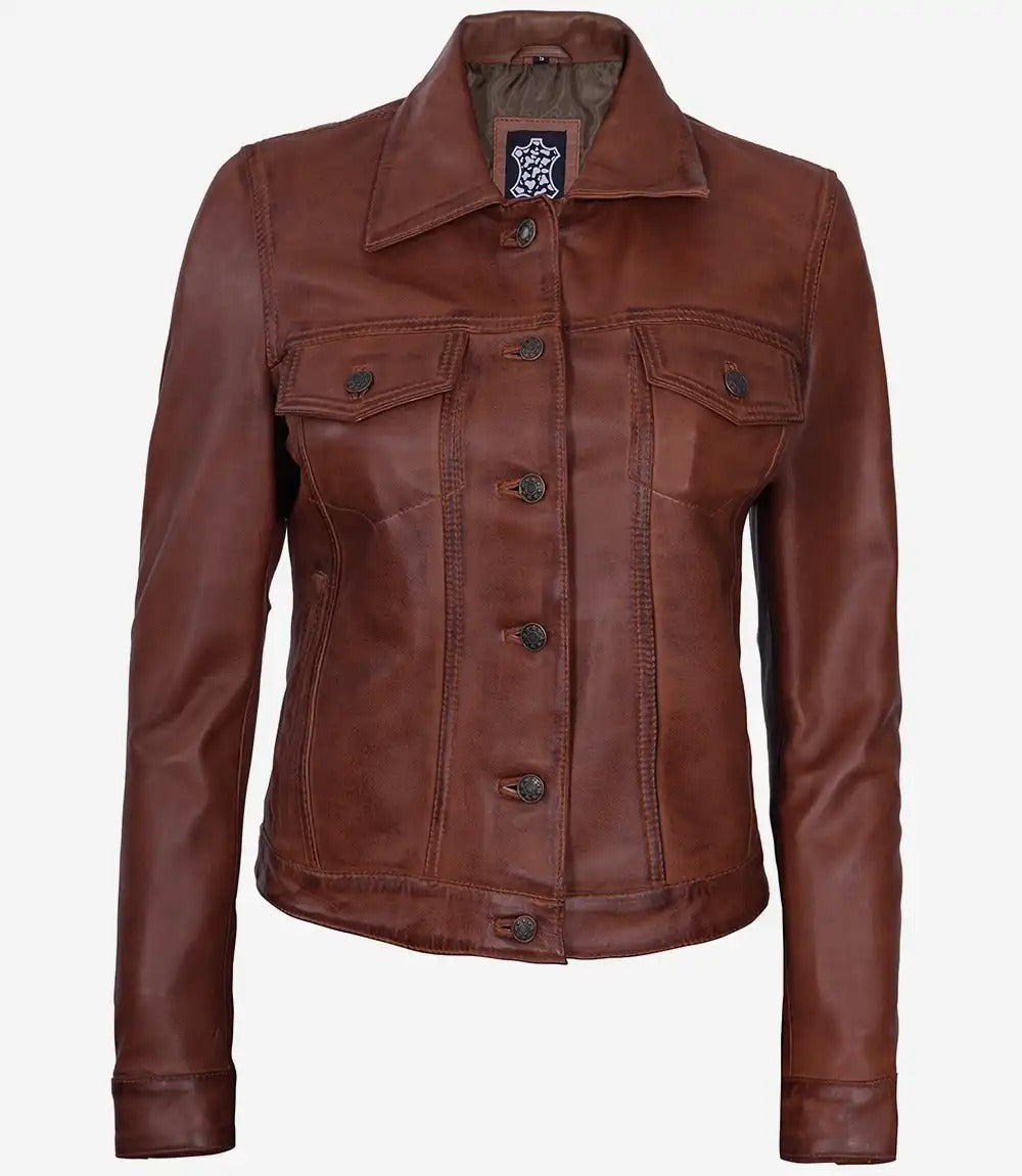 Womens  shirt collar brown Trucker Leather Jacket Jacket Stores